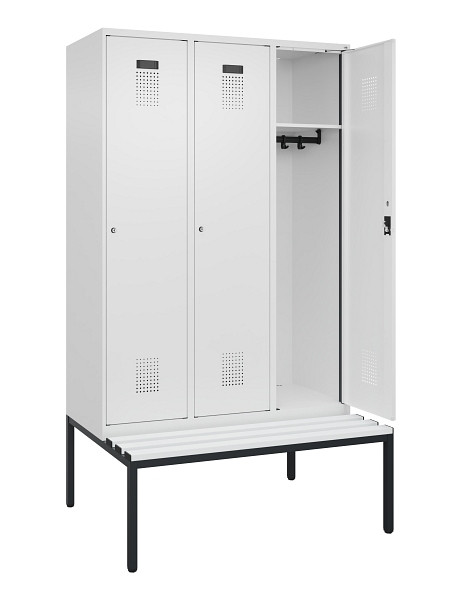 C+P Spind Evolo PLUS, 3 Abteile, 2120x1200x815mm, 9016/9016, Haken 4, Zylinderschloss, Sitzfläche Kunststoff, Sitzbank, 0490507-32 S10101