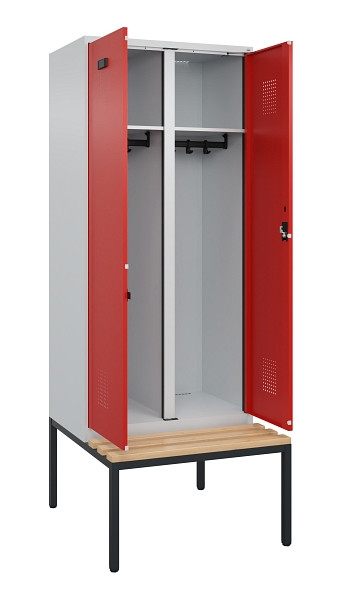 C+P Schwarz-Weiß-Spind Evolo PLUS, Bank, 2 Abteile, 2120x800x815mm, 7035/3020, Zylinderschloss, Sitzfläche Buche-Hartholz, Sitzbank, 0490527-22 S10032