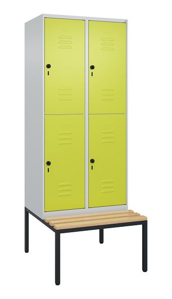 C+P Doppelstöckiger Spind Classic PLUS, 2 Abteile, 2120x800x815mm, 7035/0024, Drehriegel, Buche-Sitzleisten, mit untergebauter Sitzbank, 0803507-22 S10010