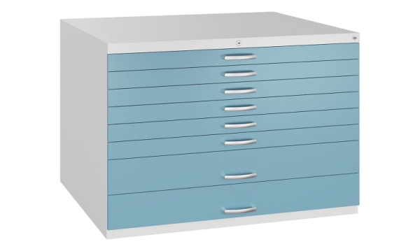C+P Flachablageschrank Serie 7100_7200, H760xB1100xT765mm, 9016/0010, 2 Schubladenblenden doppelwandig, 7101-200 S10445