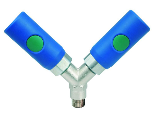 Prevost Y-Verteiler mit zylindrischem Außengewinde und 2 Kupplungen, AG BSPT= R 1/4, ERC 078151