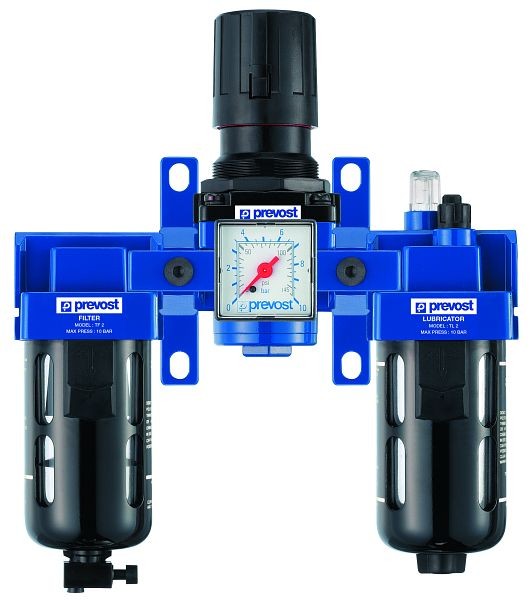 Prevost ALTO 2 - Dreifachblock - Filterregler, Manometer, Öler und Wandbefestigungsset, IG BSPP= G 3/8, Durchfluß= 2000 Nm3/h, Filterung= 25 µm, TT SM2