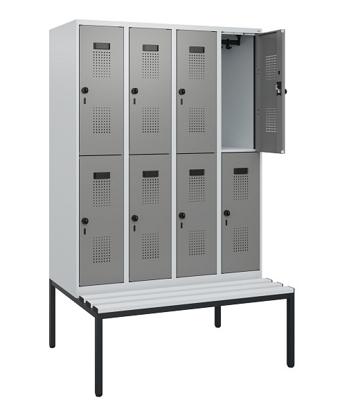 C+P Doppelstöckiger Spind Evolo PLUS, Bank, 8 Fächer, 1950x1200x815mm, 7035/0004, Drehriegel, Sitzfläche Kunststoff, Sitzbank, 0493505-40 S10109