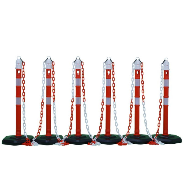 Stein HGS Kettenpfosten 6er-Set "Jumbo" aus Kunststoff, Höhe: 1m, Ø63mm, inklusiv Absperrkette, rot/weiß, retroreflektierende Streifen, 11740