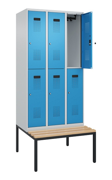 C+P Doppelstock-Spind Evolo PLUS, Bank, 6 Fächer, 2120x900x815mm, 7035/5012, Zylinderschloss, Sitzfläche Buche-Hartholz, Sitzbank, 0493507-30 S10034