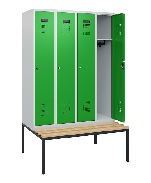 C+P Spind Evolo PLUS, 4 Abteile, 1950x1200x815mm, 7035/6037, Zylinderschloss, Sitzfläche Buche-Hartholz, Sitzbank, 0490505-40 S10038