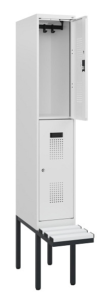 C+P Doppelstock-Spind Evolo PLUS, Bank, 2 Fächer, 1950x300x815mm, 9016/9016, Zylinderschloss, Sitzfläche Kunststoff, 0493405-10 S10155