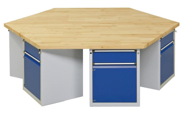 ANKE Werkbänke 6-Eck-Gruppenwerkbank; 6 Arbeitsplätze; 2340x2700x900 mm; RAL 7035/5010; Buche-Massiv-Platte 50 mm; Kantenlänge 1350 mm, 440.502