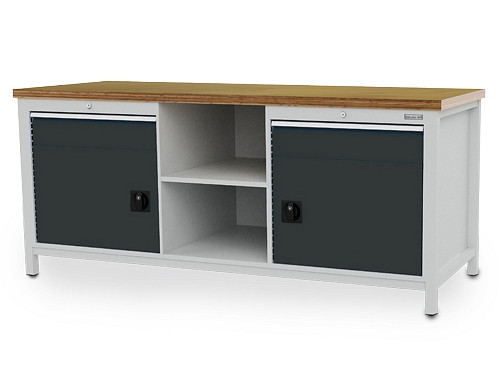 Bedrunka+Hirth Kastenwerkbank Breite 2000 mm, R24-24, 2 x Schublade, 2 x Flügeltüre, 2 x Fach, Rückwand, Maße: 2000 x 750 x 859 mm, 03.20.01VZ