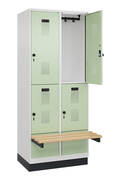 C+P Doppelstock-Spind Evolo PLUS, Bank, 4 Fächer, 1950x800x815mm, 9016/6019, Drehriegel, Sitzfläche Buche-Hartholz, mit Sockel, 049340-22 S10019