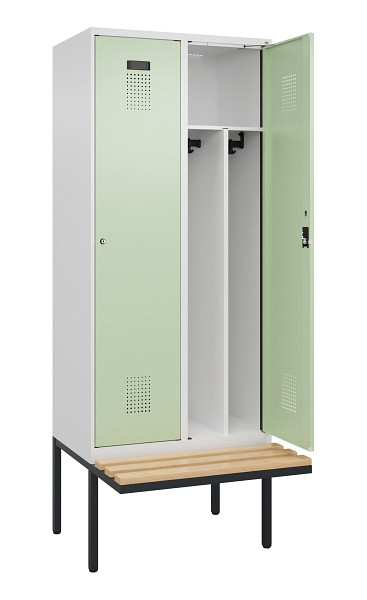 C+P Spind Evolo PLUS, 2 Abteile, 2120x800x815mm, 9016/6019, Haken 4, Zylinderschloss, Sitzfläche Holz, Trennwand, 0490407-22F S10046