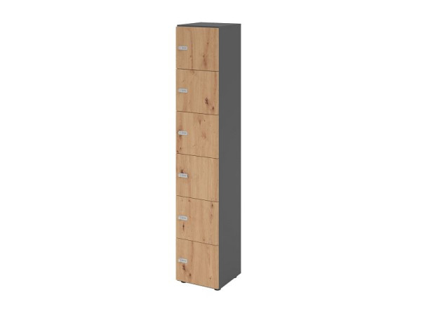 Hammerbacher Schließfachschrank schmal 6OH, 6 Türen, Korpus: Graphit, Türen: Asteiche, 40 x 40 x 215,6 cm (BxTxH), Zahlenschloss, V264L6/G/R/ZS