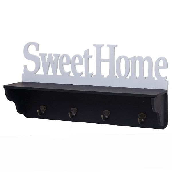 Mendler Wandgarderobe HWC-D41 Sweet Home, Garderobe Regal, 4 Haken massiv 30x60x13cm, schwarz/weiß, 62797