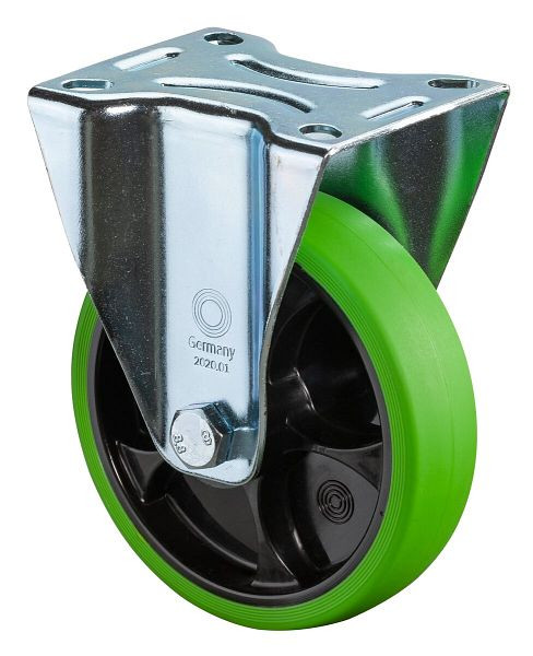 BS Rollen Transportrolle Bockrolle, thermoplastisches Gummirad, Reifen grün, Rollenlager, Platte, Durchmesser: 125 mm, VE: 2 Stück, L410.B44.126.04