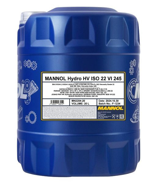 MANNOL Hydrauliköl 2204 Hydro HV ISO 22 VI 245, VE: 20 l, MN2204-20