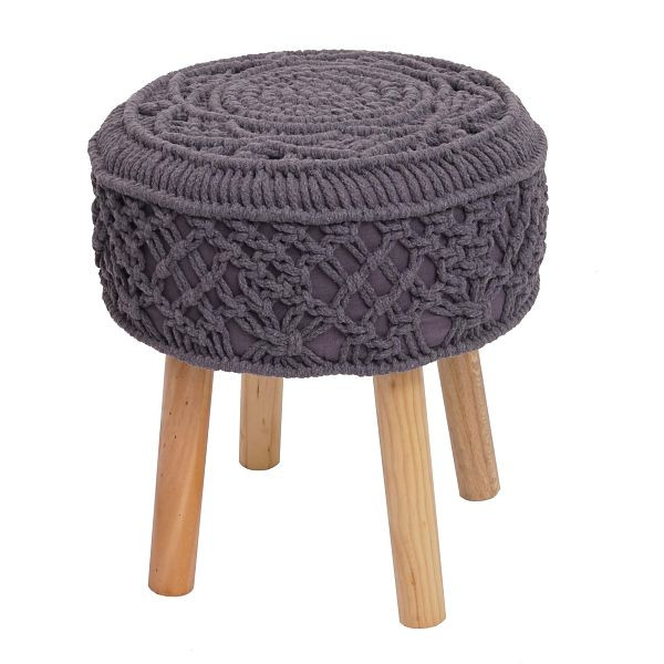 Mendler Sitzhocker HWC-J43, Strickhocker Hocker Fußhocker, 45x41cm rund Makramee/Strick Stoff/Textil, dunkelgrau, 80482