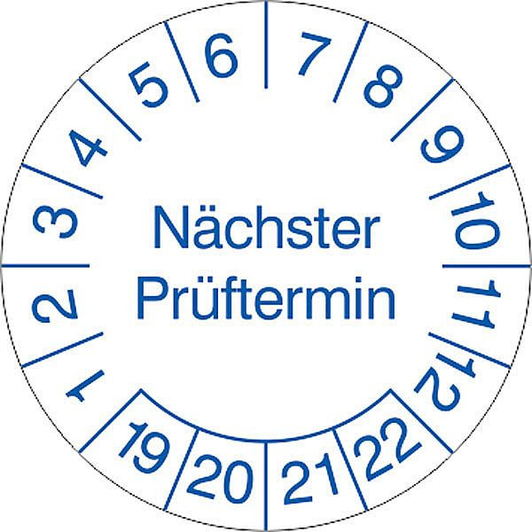 SafetyMarking Prüfplakette, Nächster Prüftermin, Prüfzeitraum: 19-22, Ø 3 cm, Folie, selbstklebend, VE: 15 Stück/Bogen, 30.C4020-19-22