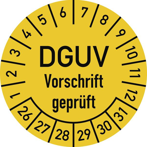 Moedel Prüfplakette DGUV Vorschrift geprüft, 2026-2031, Folie, Ø 25 mm, VE: 10 Stück/Bogen, 107115