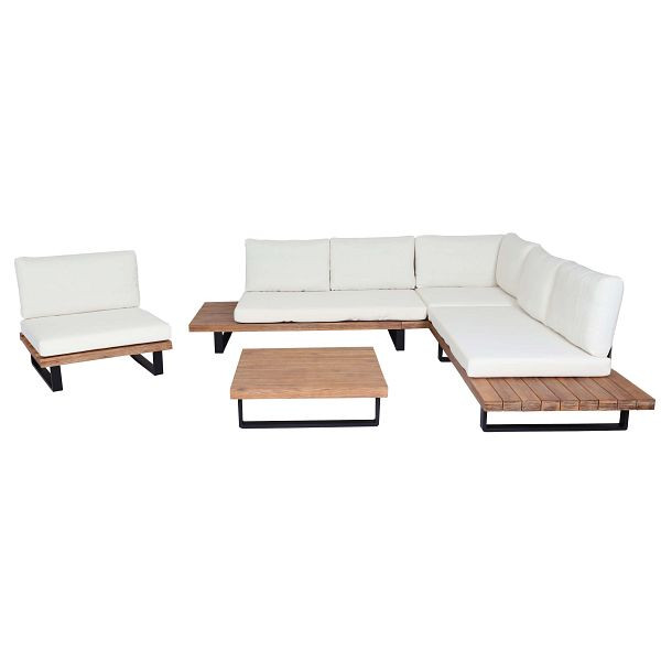 Mendler Garten-Garnitur mit Sessel HWC-H54, Lounge-Set Sofa, Spun Poly Akazie Holz FSC® Aluminium, hellbraun, Polster cremeweiß, 98267+98268+98523+101471