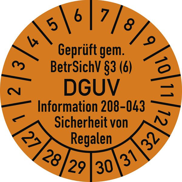 Moedel Prüfplakette BetrSichV §3 (6) DGUV 208-043, 2027-2032, Folie, Ø 30mm, VE: 10 Stück/Bogen, 108327