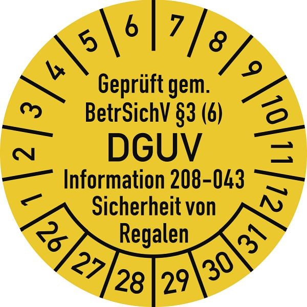 Moedel Prüfplakette BetrSichV §3 (6) DGUV 208-043, 2026-2031, Folie, Ø 30mm, VE: 10 Stück/Bogen, 108029