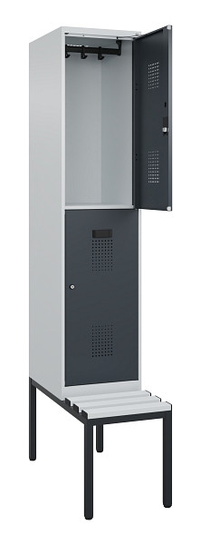 C+P Doppelstock-Spind Evolo PLUS, Bank, 2 Fächer, 2120x400x815mm, 7035/7016, Zylinderschloss, Sitzfläche Kunststoff, Sitzbank, 0493507-12 S10120