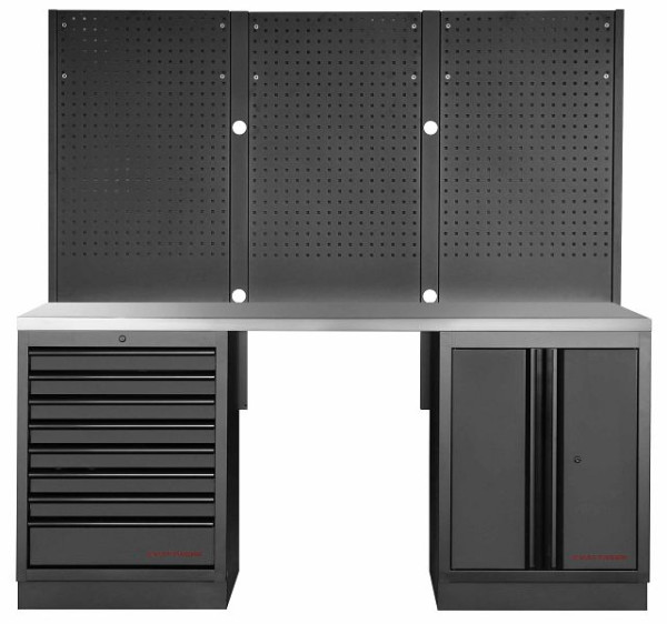 Kraftwerk MOBILIO BLACK EDITION 2er Unterschrank-Kombi, 8 Schubladen, 1 Schrank, Vierkant-Lochwand, Arbeitsplatte Edelstahl, 3964K-BLK-003-IX