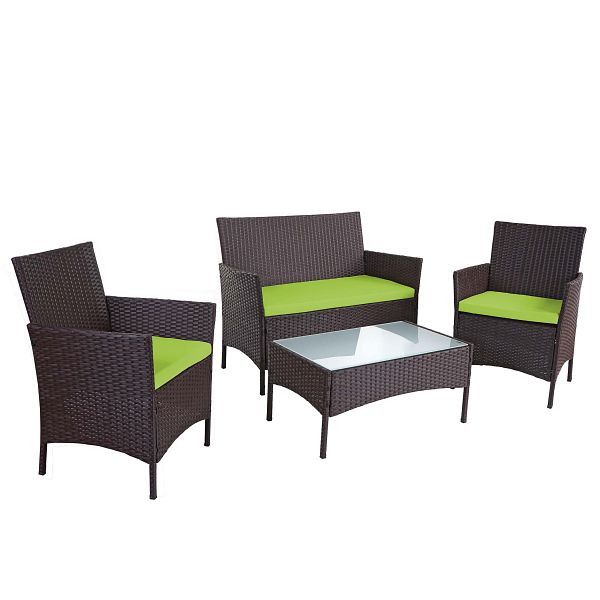 Mendler 2-1-1 Poly-Rattan Garten-Garnitur Halden, Sitzgruppe Lounge-Set Sofa, braun-meliert, Kissen grün, 52034+52038+52040