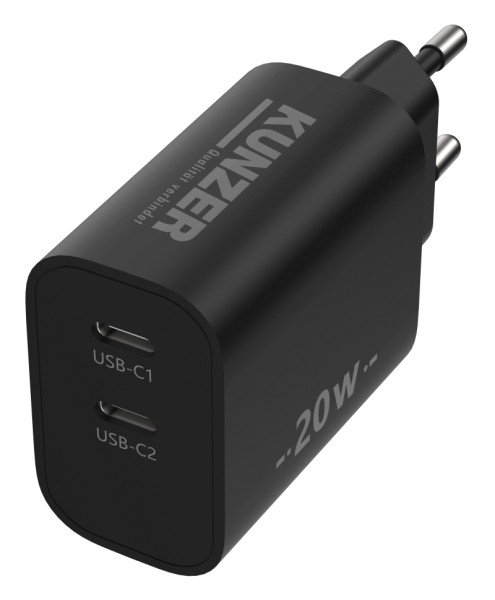 Kunzer USB-Steckernetzteil 230V, 50-60Hz, 20W, 0.8A mit 2 USB C Ausgängen, 7USBL230-1