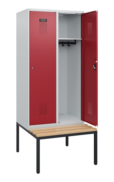 C+P Spind Evolo PLUS, 2 Abteile, 1950x800x815mm, 7035/3003, Zylinderschloss, Sitzfläche Buche-Hartholz, Sitzbank, 0490505-22 S10026