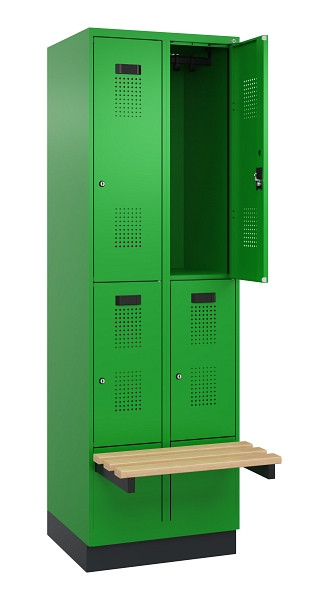 C+P Doppelstock-Spind Evolo PLUS, Bank, 4 Fächer, 1950x600x815mm, 6037/6037, Zylinderschloss, Sitzfläche Buche-Hartholz, mit Sockel, 049340-20 S10053