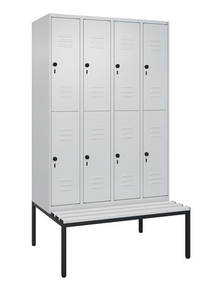 C+P Doppelstöckiger Spind Classic PLUS, 4 Abteile, 2120x1200x815mm, 7035/7035, Drehriegel, mit untergebauter Sitzbank, 0803507-40 S10114