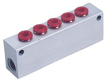 timmer B-VT-5x6-2x1/8-AL, Verteilerblock Aluminium mit 2 Gewindeanschlüssen, und 5 Steckanschlüssen, Schlauch-Ø: 6 mm, Gewinde: 1/8", VE: 5 Stück, 03903506
