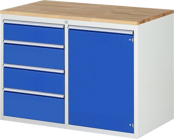 RAU Schubladenschrank Serie 7000 B1145xT650xH825mm, links Schubladen H150, 2xH180, H210mm, rechts Flügeltür, Buche-Massiv-Arbeitsplatte, 03-LL5.21.12A-B.11