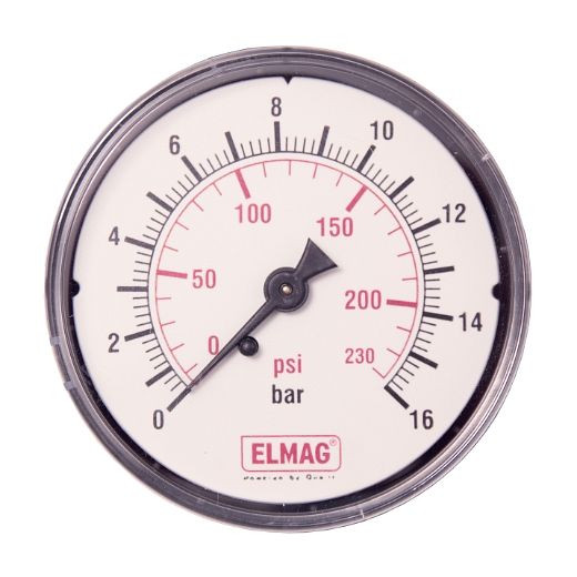 ELMAG Druckmanometer Metallgehäuse 0-16 bar, Ø 63 mm, 1/4', Außengewinde hinten, 42239