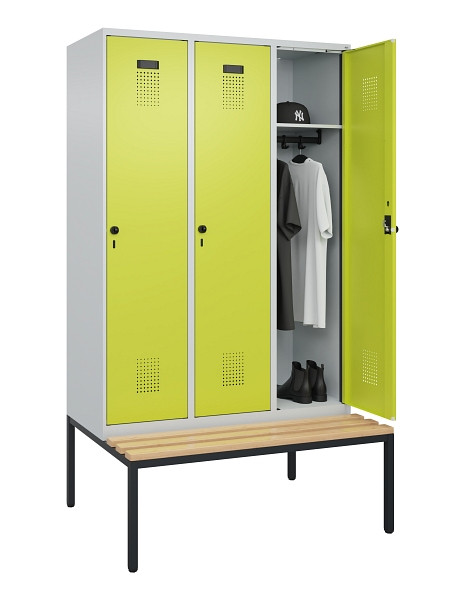 C+P Spind Evolo PLUS, 3 Abteile, 2120x1200x815mm, 7035/0024, Haken 4, Drehriegel, Sitzfläche Buche-Hartholz, Sitzbank, 0490507-32 S10015