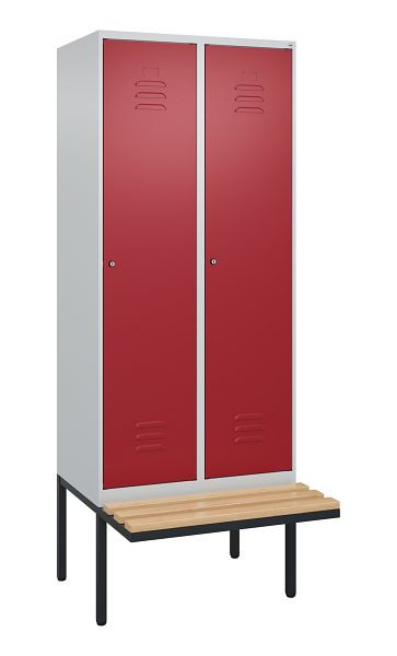 C+P Umkleidespind Classic PLUS, 2 Abteile, 2120x800x815mm, 7035/3003, Zylinderschlösser, Buche-Sitzleisten, 0800407-22 S10046