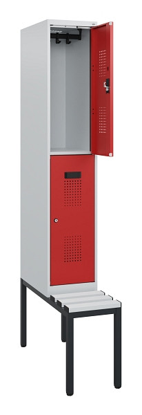 C+P Doppelstöckiger Spind Evolo PLUS, Bank, 2 Fächer, 1950x300x815mm, 7035/3000, Zylinderschloss, Sitzfläche Kunststoff, Sitzbank, 0493505-10 S10138