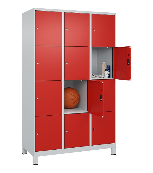 C+P Schließfachschrank Evolo PLUS, mit Füßen, 12 Fächer, 1950x1200x500mm, 7035/3020 Verkehrsrot, Abteile 3, Abteilbreite 400 mm, 049010-324 S10005
