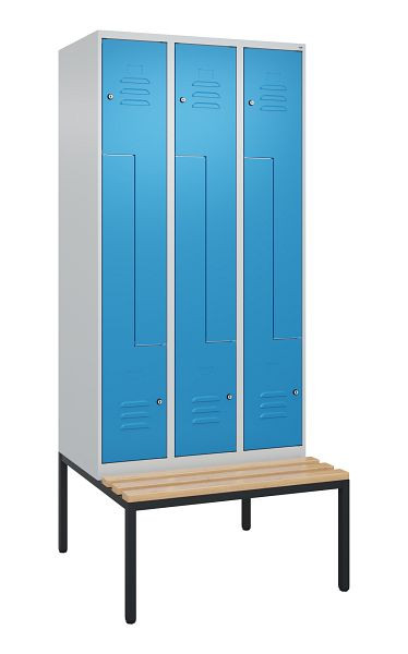 C+P Z-Spind Classic PLUS, mit untergebauter Sitzbank, 6 Abteile, 2120x900x815mm, 7035/5012, Zylinderschlösser, Buche-Sitzleisten, 0800537-306 S10019