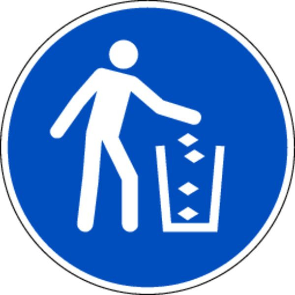 Schilder Klar Gebotszeichen Abfallbehälter benutzen DIN EN ISO 7010, M030, 100 mm Folie selbstklebend, 1432/61