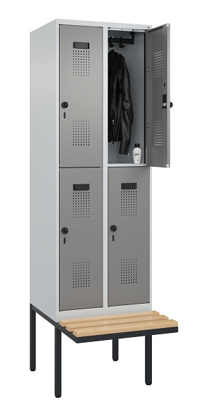 C+P Doppelstock-Spind Evolo PLUS, Bank, 4 Fächer, 2120x600x815mm, 7035/0004, Drehriegel, Sitzfläche Buche-Hartholz, 0493407-20 S10014