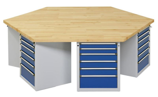 ANKE Werkbänke 6-Eck-Gruppenwerkbank; 6 Arbeitsplätze; 2340x2700x900 mm; RAL 7035/5010; Buche-Massiv-Platte 50 mm; Kantenlänge 1350 mm, 440.510