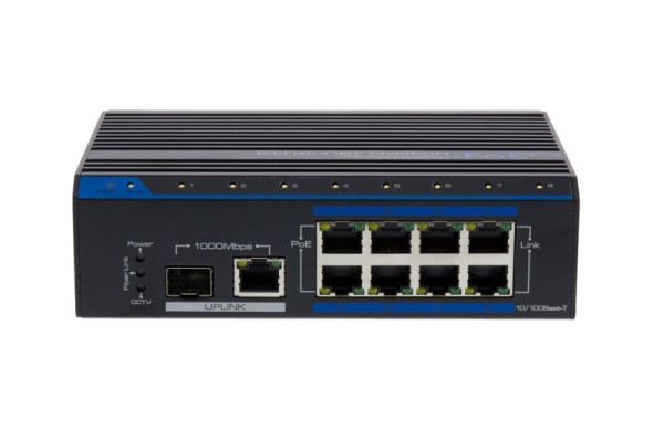 eneo IAM-5SE1008MUB Gigabit Switch, 8xPoE 100Mbps, 1x RJ45, 1x SFP 1000Mbps, Unmanaged, Industrie Design, 228223