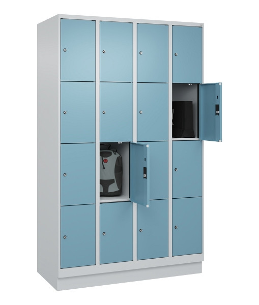 C+P Schließfachschrank Evolo PLUS, mit Sockel, 16 Fächer, 1950x1200x500mm, 7035/2406015 RDS Architekturblau, 049020-404 S10009