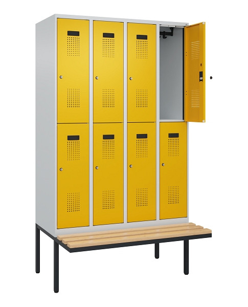 C+P Doppelstock-Spind Evolo PLUS, Bank, 8 Fächer, 2120x1200x815mm, 7035/1004, Zylinderschloss, Sitzfläche Buche-Hartholz, 0493407-40 S10027