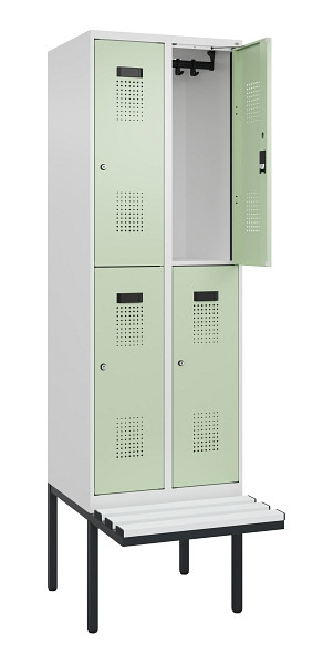 C+P Doppelstock-Spind Evolo PLUS, Bank, 4 Fächer, 2120x600x815mm, 9016/6019, Zylinderschloss, Sitzfläche Kunststoff, 0493407-20 S10133