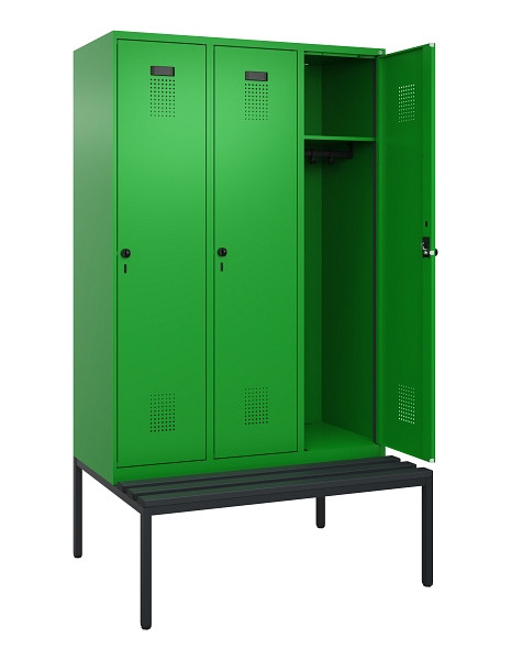 C+P Spind Evolo PLUS, 3 Abteile, 2120x1200x815mm, 6037/6037, Haken 4, Drehriegel, Sitzfläche Kunststoff, Sitzbank, 0490507-32 S10080