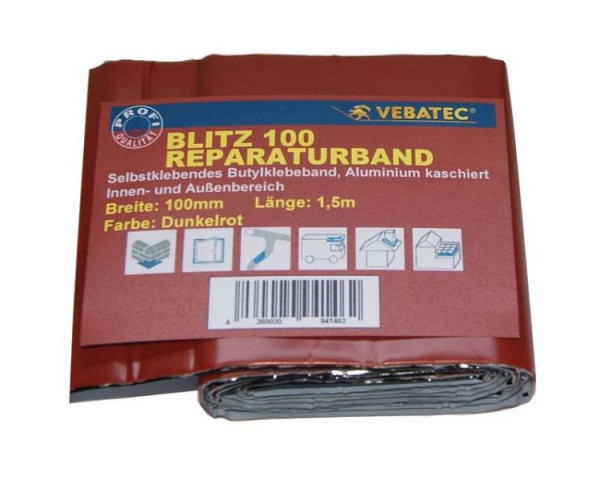 Vebatec Blitz Butyl Reparaturband Aluminium, Farbe: dunkelrot, 100mm x 1,5m, 116