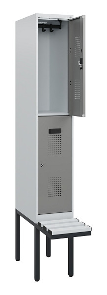 C+P Doppelstock-Spind Evolo PLUS, Bank, 2 Fächer, 1950x300x815mm, 7035/0004, Zylinderschloss, Sitzfläche Kunststoff, 0493405-10 S10149